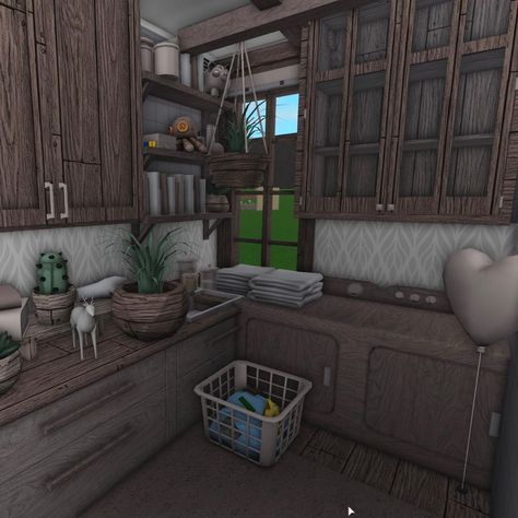 Bloxburg Cottage Living Room, Bloxburg Cottage Interior, Bloc Burg House Ideas, Cottagecore Bloxburg, Cottagecore Bloxburg House, Cozy Mansion, Bloxburg Cottagecore, Bloxburg Laundry Room Ideas, Bloxburg Cafe