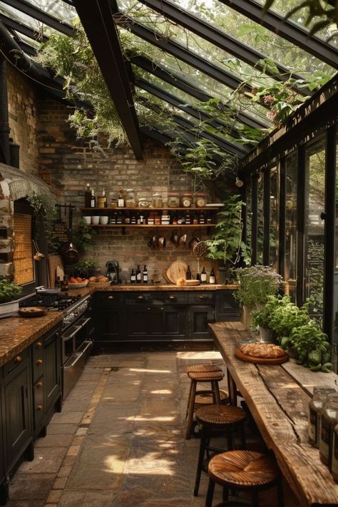 Sunroom Kitchen Addition, Kitchen Full Of Windows, Rustic Home Outside, Solarpunk Kitchen, Green House Kitchen, Tree In House, Cool House Features, Farmhouse Home Interior, Orangery Kitchen