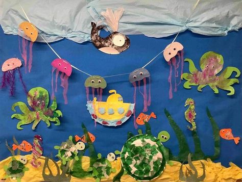 Under The Sea Display, Under The Sea Display Board, Under The Sea Wall Display, Ocean Themed Library Display, Under The Sea Themed Book Fair, Library Ocean Theme, Aquarium Bulletin Board Sea Theme, Under The Sea Crafts, Pirate Day