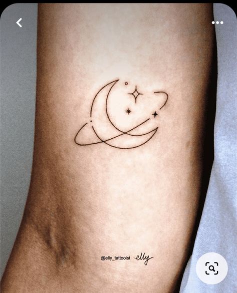 Tattoo Ideas To The Moon And Back, Saturn And The Moon Tattoo, Small Galaxy Tattoo Ideas, Tattoo Designs Moon And Stars, Moon And Galaxy Tattoo, Moon And Universe Tattoo, Moon Universe Tattoo, Cute Celestial Tattoos, Moon And Saturn Tattoo Minimalist