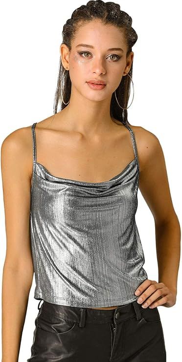 Allegra K Women's Halloween Metallic Glitter Spaghetti Strap Camisole Cowl Neck Sparkly Club Top Small Silver at Amazon Women’s Clothing store Floral Cami Top, Halloween Long Sleeve, Womens Camisoles, Floral Cami, Club Tops, Spaghetti Strap Top, Long Crop Top, Flowy Tops, Strap Tops