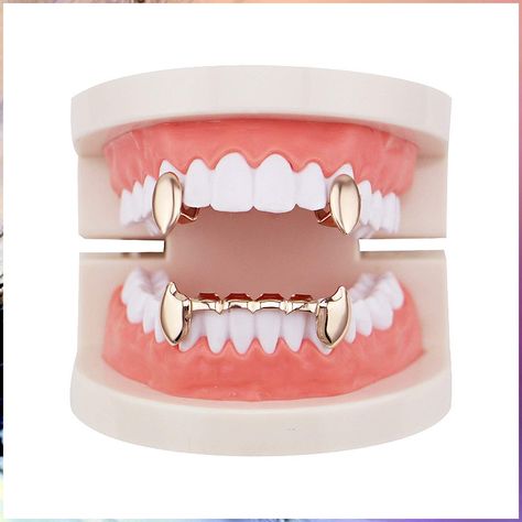 mainlead Rose Gold Vampire Dracula Teeth 2pc Single Fangs and 6 Bottom Grills Set Grillz Aesthetic, Vampire Grillz, Gold Teeth Grills, Bottom Grillz, Bottom Teeth, Grillz Teeth, Teeth Caps, Tiger Tooth, Lip Combos