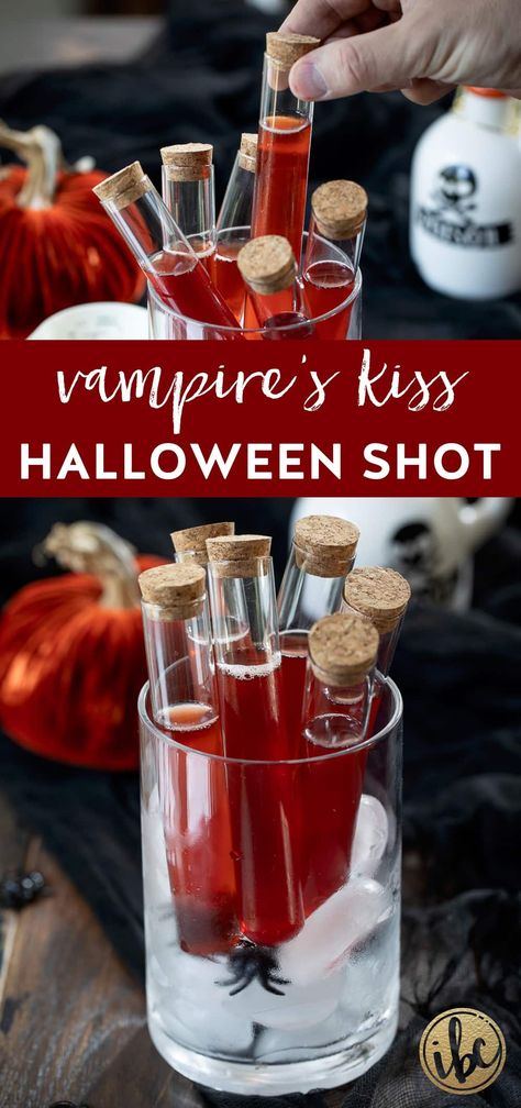 vampire's kiss halloween shot served in a glass vial with cork top. Cauldron Drink Halloween, Halloween Themed Shots Alcohol, Potions Bar Halloween, Halloween Drinks Alcohol Syringe, Halloween Vial Shots, Halloween Frozen Drinks Alcohol, Vampire Kiss Jello Shots, Halloween Test Tube Shots Recipes, Test Tube Shots Halloween