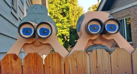 Eldery nosey neighbors with binoculars fence sitter decoration Fence Peekers, Horse Fence, Garden Fence Art, Painted Horse, Fence Art, Money Makers, Backyard Remodel, Corn Hole Game, Fence Decor