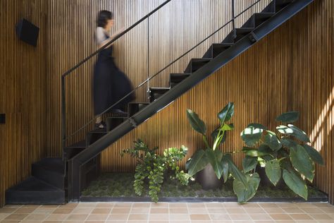 Garde Corps Design, Space Under Stairs, Bali Architecture, Inside A House, Wood Slat Wall, Tropical Landscape, Double Height, Outdoor Stairs, Indoor Gardens