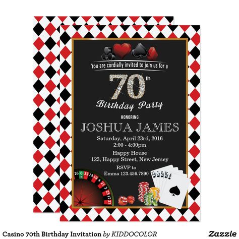 Casino 70th Birthday Invitation Birthday Casino Theme, Stitch 626, Casino Party Invitations, Casino Birthday, Hollywood Party Theme, 70th Birthday Invitations, 21st Birthday Party, Paris Theme Party, 21st Birthday Invitations