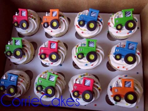 Tractor cupcakes by Corrie Cakes Tractor Cupcake Cake, Tractor Birthday Party Theme, Tractor Cupcakes, Cow Cupcakes, Tractor Cake, Tractor Birthday Party, Farm Cake, Fondant Cupcake Toppers, Tractor Birthday