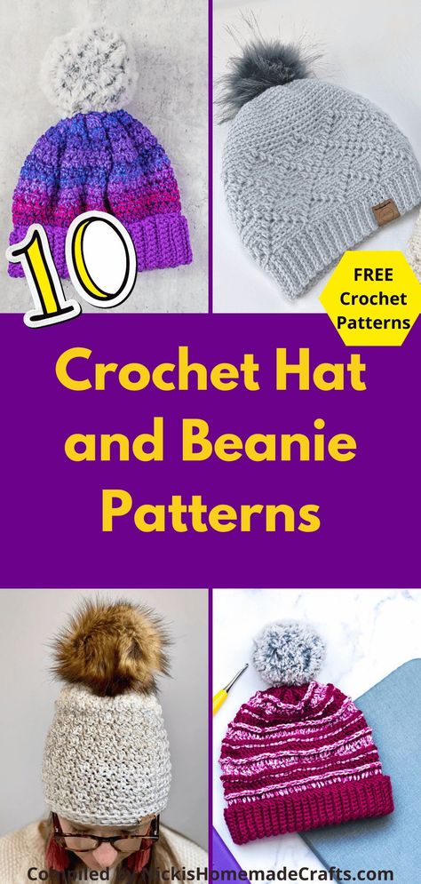 Easy Beginner Crochet Hat Patterns for Free. Cute Winter collection of 10 free crochet hat and beanie patterns that are suitable for beginners. Crochet Womens Beanie, Crochet Hats Free Pattern Ladies Winter, Crochet Hats Free Pattern Easy, Crochet Hats Free Pattern Ladies, Easy Crochet Hat Patterns, Crochet Hat For Beginners, Crochet Winter Hats, Easy Crochet Hat, Crochet Kids Hats