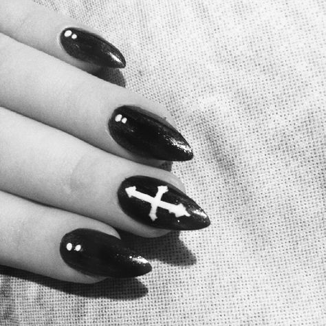 Heartagram Nails, Nails With Cross Charm, Nails With Cross, Cross Nail Art, Nail Piercing, Cross Nails, Purple Red Color, Gothic Nails, Goth Nails