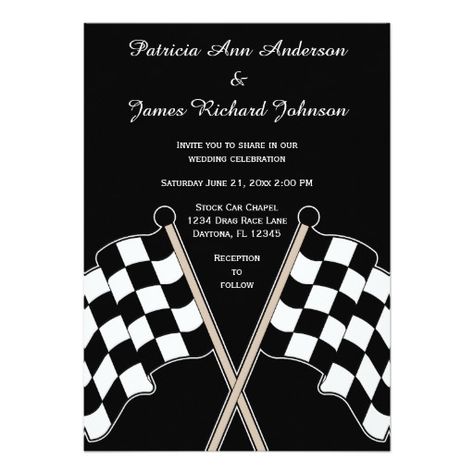 Checkered Flag Auto Racer Racing Sports Wedding This custom designed sport wedding invitation features checkered flags with white text and a black background. Great for car or motorcycle race fans, race team. mechanic or drivers. #wedding #racing #racecar Dirt Track Racing Wedding Ideas, Drag Racing Wedding Ideas, Race Car Wedding, Nascar Wedding, Checkered Flag Wedding, Motorcycle Wedding Invitations, Racing Wedding, Car Themed Wedding, Race Wedding