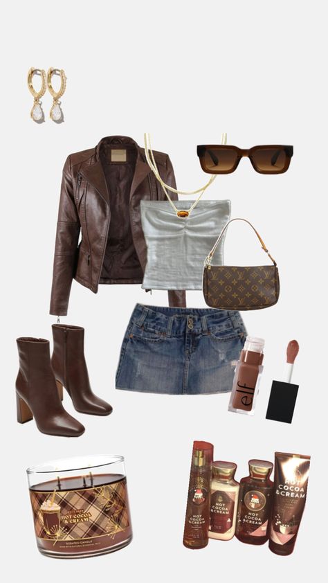 #fyp
#brownleatherjacket
#leatherjacket
#brown
#denim
#denimskirt Brown Tube Top Outfit, Tube Top Outfit With Jacket, Tube Top Outfits, White Tube Top, Pretty Halloween Costumes, White Tube, Brown Bag, Brown Leather Jacket, Brown Bags