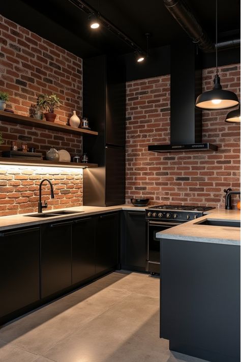 Industrial kitchen with authentic exposed brick backsplash Exposed Brick Backsplash, Industrial Backsplash, Stove Backsplash Ideas, Small Porch Decor, Concrete Backsplash, Creative Kitchen Backsplash, Backsplash Inspiration, Kitchen Backsplash Inspiration, Stone Tile Backsplash