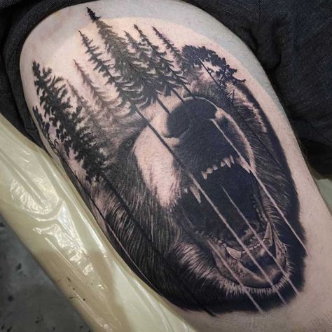 Shoulder Black Bear Tattoo holytomo Black Bear Tattoo Ideas, Old School Style Tattoo, Bear Tattoo Ideas, Gentleman Tattoo, Black Bear Tattoo, Native American Folklore, Bear Tattoo Designs, Thigh Tattoo Designs, Bear Tattoos