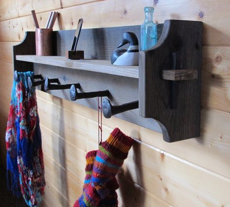 Railroad Spike Coat Rack Wall Shelf of reclaimed wood and salvaged railroad spikes - Rustic Country Western Theme Coat Rack With Railroad Spikes, Railroad Spike Toilet Paper Holder, Railroad Spikes Crafts, Barnwood Coat Rack Wall, Barn Wood Coat Rack, Railroad Spike Coat Hook, Wood Chair Diy, Diy Coat Rack, Diy Coat