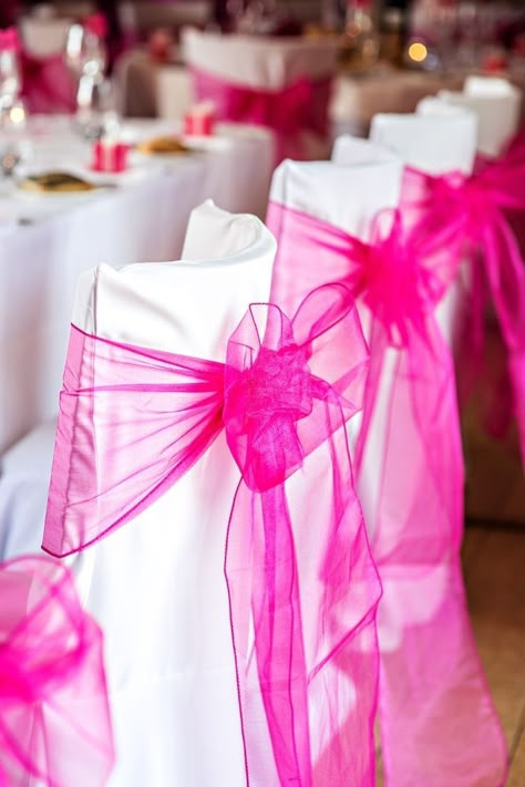 Fucsia Wedding, Magenta Wedding Decorations, Magenta Wedding Theme, Chair Swag, Wedding Decorations Diy Centerpiece, Pink Wedding Ideas, Fuschia Wedding, Raspberry Wedding, Silver Wedding Decorations