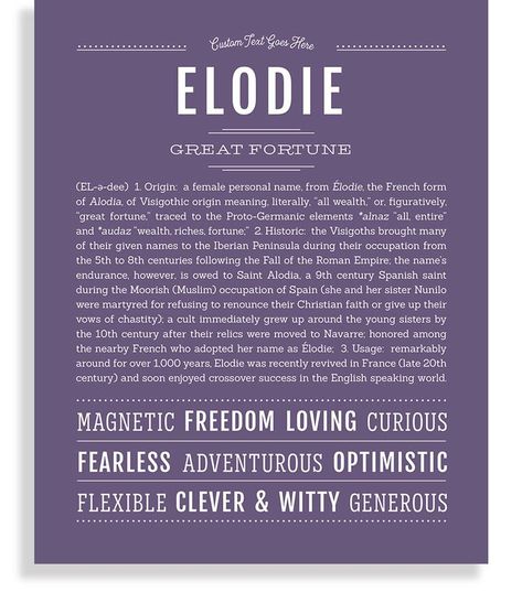 Once upon a time…the name Elodie came to be. Our personalized art print celebrates the singular story of Elodie’s remarkable journey through history, featuring a detailed account of the name’s origin, meaning and how it managed to survive the test of time. The descriptive words at the bottom of Elodie’s print reflect the spirit and energy of its “Destiny Number” according to numerology. Whether Elodie is a newborn, teen, or grown-up, a family member, friend, teacher, co-worker or any special som Destiny Number, Personalized Art Print, Descriptive Words, Female Names, Personalized Art, Person Name, Wonderful Words, Name Art, Names With Meaning