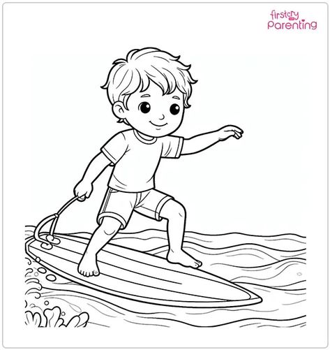 Boy Surfing Coloring Page Ocean Coloring Pages For Kids, Surf Coloring Pages, Ocean Themed Coloring Pages, Beach Theme Coloring Pages, Summer Beach Coloring Pages, Ocean Coloring Pages, Child Love, Holiday Themes, Free Printable Coloring Pages