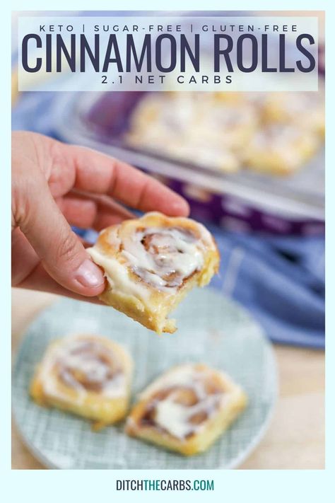 Soft keto cinnamon rolls recipe with a vanilla sugar-free frosting. Made with keto mozzarella dough. Ready in under 20 minutes. They're gluten-free and only 2g net carbs! #ketocinnamonrolls #keto #ditchthecarbs Atkins Induction, Sugar Free Frosting, Keto Cakes, Ditch The Carbs, Gluten Free Cinnamon Rolls, Keto Cinnamon, Cinnamon Roll Bake, Keto Easy, Keto Cinnamon Rolls