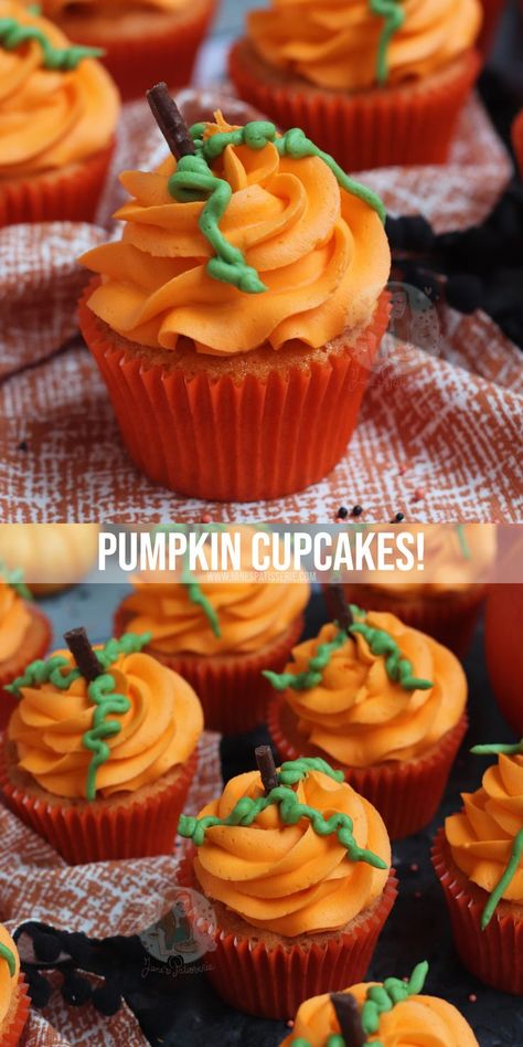 Easy Halloween cupcakes in pumpkin form… orange sponges, orange and green buttercream, and more = pumpkin cupc Easy Halloween Cupcakes, Halloween Muffins, Dessert Orange, Green Buttercream, Janes Patisserie, Orange Buttercream, Orange Food Coloring, Yummy Fall Recipes, Halloween Dessert