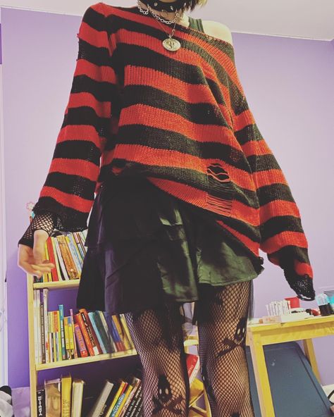 Red And Black Sweater Outfit Grunge, Red And Black Ripped Sweater, Ripped Striped Sweater, Big Striped Sweater, Black And Red Striped Sweater, Red Black Striped Sweater, Emo Striped Sweater, Alternative Sweater Outfit, Womens Striped Shirt Outfit