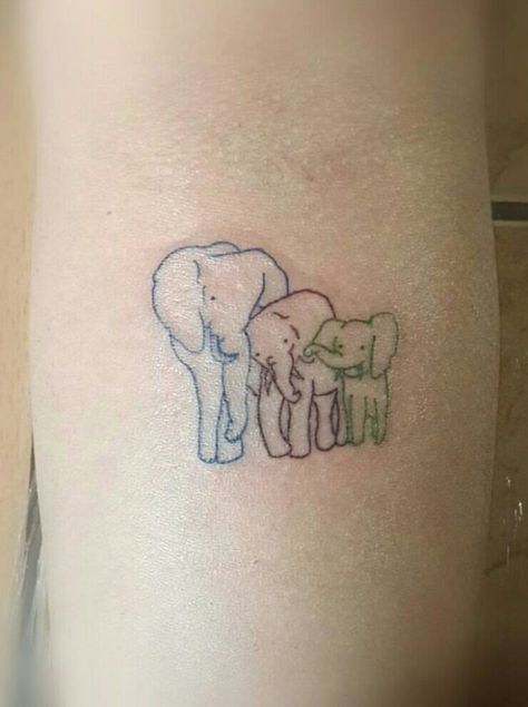 Three Elephant Tattoo, Sista Tattoo, Simple Elephant Tattoo, Elephant Family Tattoo, Baby Elephant Tattoo, Tiny Elephant Tattoo, Parent Tattoos, Elephant Tattoo Design, Tattoos With Kids Names