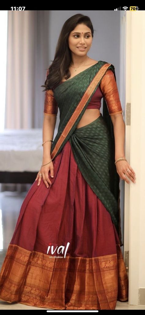 Dhavani Half Saree Color Combos, Dhavani Designs, Traditional Half Saree Designs, Traditional Half Saree, Silk Half Saree, Kerala Saree Blouse Designs, Lehenga Saree Design, Simple Lehenga, Pretty Skirt