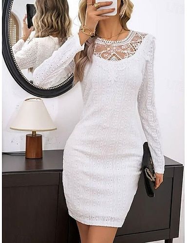 White Fitted Midi Dress, Long Sleeve Elegant Dresses, White Women Dresses, Office Dresses For Women, Summer Elegant, Floral Bodycon, Lace Splicing, Mini Robes, White Slip