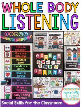 Reinforce classroom expectations with this Whole Body Listening Bundle! Included: - Classroom Expectations Banner - Bulletin Board Rules - Whole Body Listening Posters and Labels - Hand Held Flipbook - Interactive Social Story - Keychain visuals - Worksheets - 12 Page Student Book - Parent Note Whole Body Listening, Self Contained Classroom, Notes To Parents, Classroom Expectations, Social Story, Whole Brain Teaching, Student Book, Classroom Behavior, Beginning Of The School Year