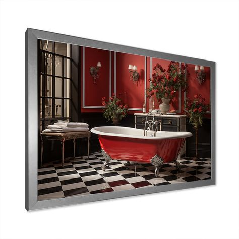 Red Modern Bathroom Charm IV On Canvas Print Laundry Wall Art, Red Bathroom, Traditional Style Decor, Silver Picture Frames, White Picture Frames, Black Picture Frames, Gold Picture Frames, Wooden Planks, Wood Planks