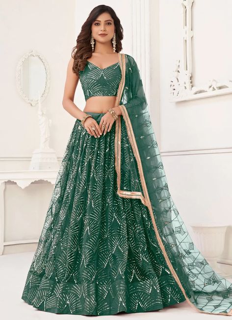 #mirrorworklehenga #ceremoniallehenga #netfabriclehenga #lehengastyle #lehengaforsangeet Green Bridal Lehenga, Lehenga Choli Latest, Green Lehenga Choli, Net Lehenga Choli, Heavy Lehenga, Lehenga Bridesmaid, Reception Gowns, Lehenga Choli Designs, Lehenga Choli For Women