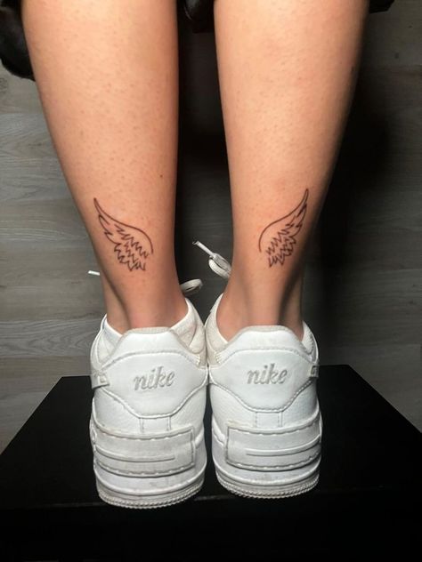 Wings On Calf Tattoo, Angel Wings Tattoo On Leg, Angel Wing Matching Tattoo, Angel Wings Tattoo Back Of Ankle, Wings On Legs Tattoo, Angel Wing Leg Tattoo, Matching Angel Wing Tattoos, Tattoo On Back Black Women, Angel Wing Tattoo Women