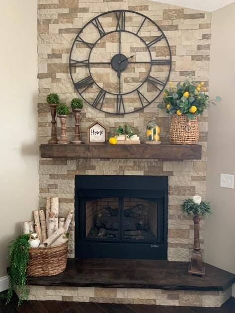 Clock On Mantle Fireplaces, Mantel Decorating Ideas Clock, Clocks Above Fireplace Mantels, Fireplace Mantle Decor With Clock, Mantel Decorating Ideas With Clock, Brick Fireplace Mantle Decor, Clock Above Fireplace, Clock Over Fireplace, Year Round Mantle Decor