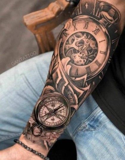 Clock With Gears Tattoo Design, Clock And Compass Tattoo, Innovative Tattoo Ideas, Snake And Dagger Tattoo, Clock Tattoo Sleeve, Ideas For Tattoos, Pocket Watch Tattoo Design, Nautical Compass Tattoo, Phoenix Tattoo For Men