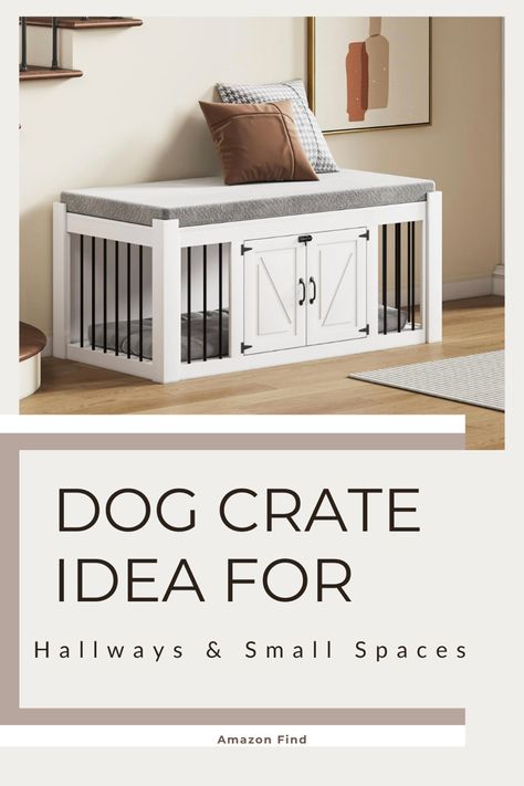 This multi-function dog crate end-bench combines elegance and practicality. This unique furniture doubles as a comfortable seating area and a secure pet area, effectively utilizing your living space. Affilate link #dogcrates #dogroomideas #entrywaybench #entryway #dogmom #functional #dogstuff Diy Dog Crate Bench, Dog Bed Bench, Dog Crate Ideas, Indoor Dog Crate, Crate Bench, Diy Dog Crate, Wooden Dog Kennels, Dog Bench, Pet Area