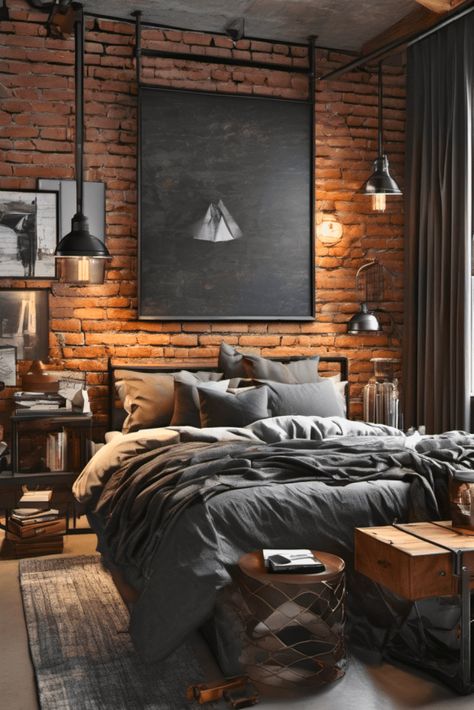 25 Male Bedroom Ideas That Will Blow Your Mind – The Crafty Hacks Brick Room Ideas, Frat Room, Cozy Industrial Bedroom, Bedroom Ideas Masculine, Mens Bedroom Ideas Masculine Interior, Industrial Bedrooms, Modern Masculine Bedroom, Mens Bedroom Ideas, Rustic Industrial Bedroom