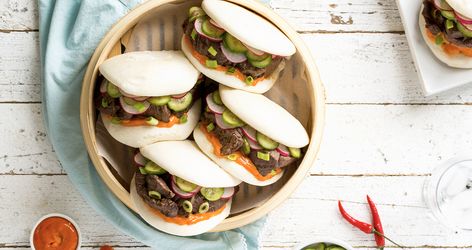 Quick Picadillo | Ontario Beef Beef Bao Buns, Mushroom Pot Roast, Beef Bao, Steamed Bao Buns, Beef Mushroom, Steamed Bao, Quick Pickled Cucumbers, Mini Cucumbers, Korean Cooking