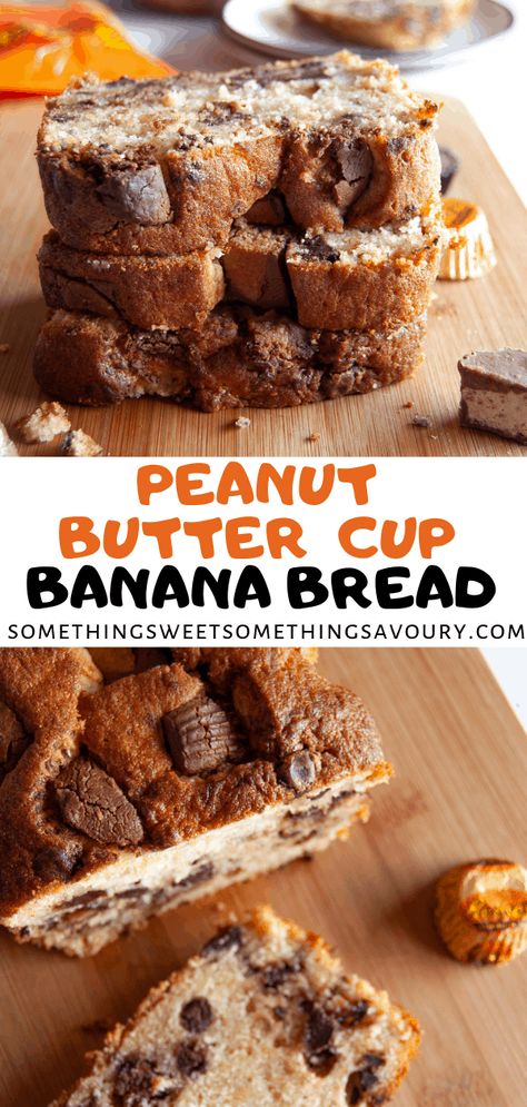 A deliciously moist banana bread with a generous helping of peanut butter cups and chocolate chips, this peanut butter cup banana bread is a peanut butter lovers dream come true! #peanutbuttercupbananabread #chocolatechipbananabread Peanut Butter Cup Banana Bread, Cup Banana Bread, Peanut Butter Cup Cheesecake, Butter Banana Bread, Peanut Butter Cups Recipe, Peanut Butter Banana Bread, Peanut Butter Cup Cookies, Moist Banana Bread, Chocolate Peanut Butter Cups