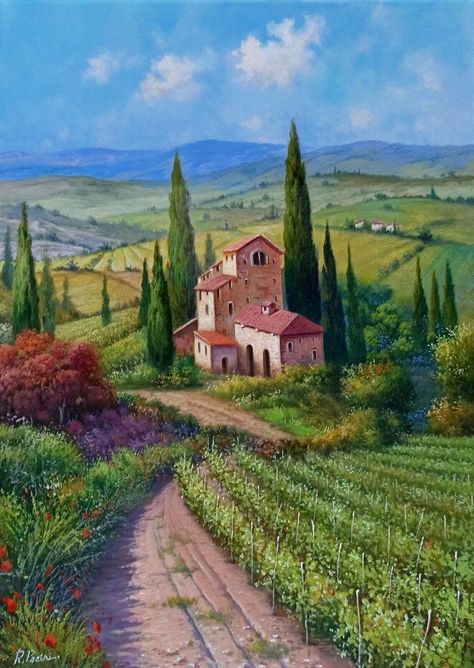 Italian Countryside Landscape, Italian Countryside Painting, Tuscany Landscape Painting, Tuscan Painting, Italian Landscape Paintings, Tuscan Art, Children Painting, Mediterranean Art, Tuscany Landscape