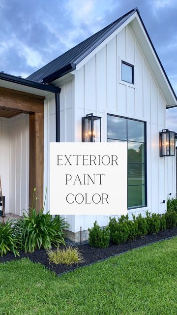 Karon | Triple C Farmhouse on Instagram: "FAQ: what color did you paint the exterior of your home? A: SW Pure White Here are a few exterior paint tips and things to consider! + sample 3+ paint colors on your exterior before choosing! + look at the paint colors throughout different times of day + paint a sample on the front AND back of your home. You’ll be amazed by how much the direction of your home will impact the color hues! #exteriorpaint #whitebrick #paintedbrick #boardandbatten" White Brick And Board And Batten House, White Board And Batten Exterior Black Windows, White Exterior Color Schemes, Black Exterior House Colors, Off White Exterior Paint Colors, White Board And Batten Exterior, Sw Pure White, White Exterior Paint Colors, Tiny Guest House