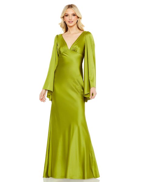 Ieena for Mac Duggal  Charmeuse fabric (100% polyester) Fully lined through body V-neckline Long blouson sleeves Empire waist Concealed back zipper Approx. 62.5" from top of shoulder to bottom hem  Available in Apple Green Style #68344 Empire Waist Gown, Apple Dress, Charmeuse Fabric, Sheath Gown, Formal Dresses With Sleeves, Floor Length Prom Dresses, Empire Waist Dress, Mac Duggal, Gowns With Sleeves