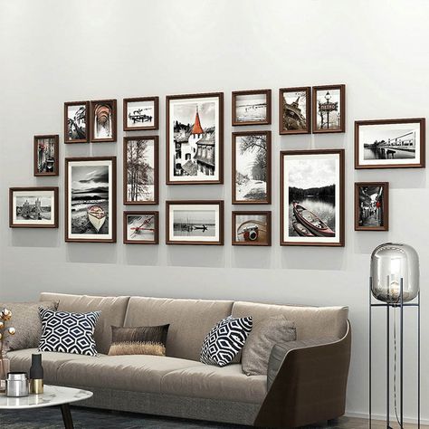 Modern Picture Frame Solid Wood Photo Frame Creative Photo Wall 18pcs/set YMQ20 Photo Walls, Collage Mural, Modern Picture Frames, Family Photo Wall, Brown Picture Frames, Photo Wall Decor, Photo Frame Design, Framed Photo Collage, Hanging Picture Frames