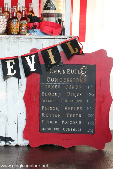 Halloween CarnEVIL Rotten Candy Stand Carnevil Halloween Party Food, Halloween Concession Stand Ideas, Rotten Candy Halloween, Creepy Carnival Food, Rotten Candy Booth, Halloween Carnival Food, Carnevil Decorations, Carnival Trunk, Carnevil Halloween Party