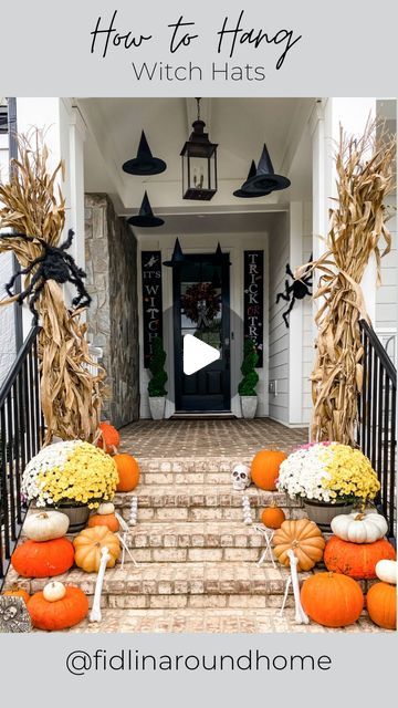 Marissa Lynn Fidler on Instagram: "The easiest way to create a ✨ magical ✨ porch for your trick-or-treaters this Halloween?! 🧙‍♀️   FLOATING WITCH HATS!! And here’s how to hang them!! 👇🏻   SAVE so you can reference when you do your decorating 👏🏻🕷️💀  1) Pole a hole at the top of the hat with a knife or scissors   2) Weave fishing wire through the hole and tie to secure   3) Last, using a step ladder (and a tall husband helps 😂) use command hooks, strong tape, or a staple gun to adhere to the ceiling! They’ll be secure for the entirety of the season 👏🏻  Note: we use a staple gun because we’re putting them on our outdoor porch and I don’t care about poking a few hole through my porch ceiling…HOWEVER, for those who care about their ceilings…use command hooks 😂  SHOP my witch hats, h Floating Witch Hats, Floating Witch, Carve Pumpkins, Fishing Wire, Porch Ceiling, 2024 Halloween, Witch Hats, Hat Decoration, Command Hooks