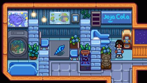 Stardew Valley House Interior Blue, Stardew Interior, Stardew Valley House Interior, Stardew Tips, Stardew Valley House, Stardew Ideas, Shark Room, Ocean Bedroom, Stardew Valley Layout