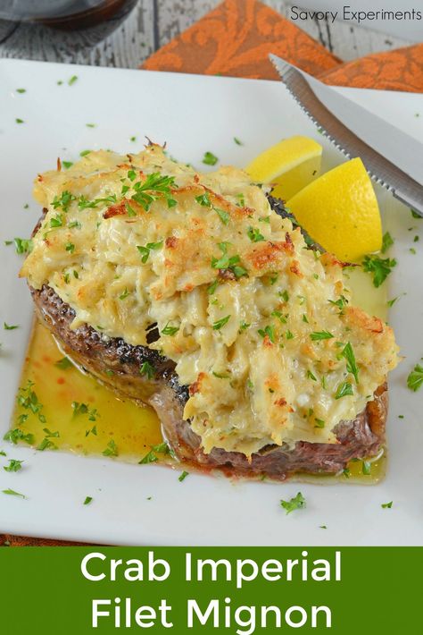 Crab Imperial Filet Mignon is an easy dish perfect for special occassions. Tender beef topped with buttery crab and clarified butter. Steak Toppings, Crab Imperial, Christmas Main Dishes, Filet Mignon Recipes, Crab Dishes, Crab Recipes, Tender Beef, Clarified Butter, Beef Dishes