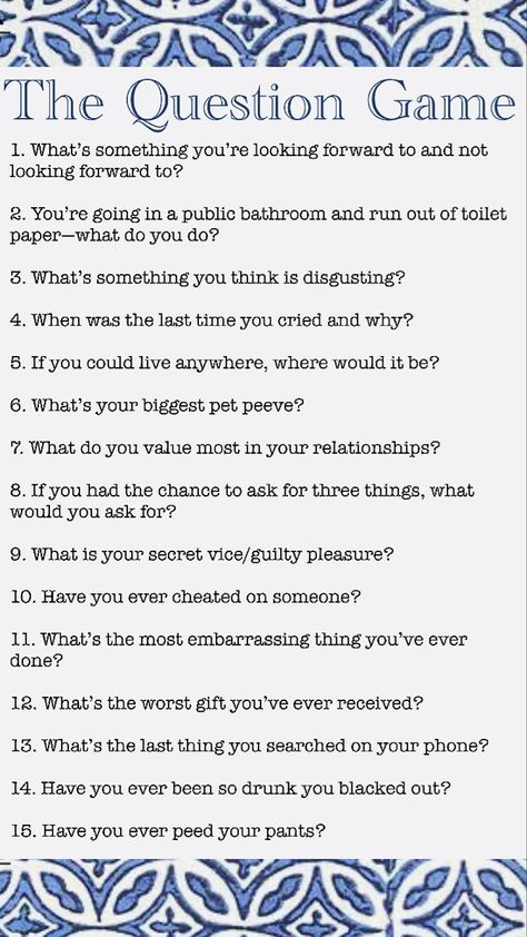 The question game is a game designed to spark conversation between friends. The game first starts off with someone asking the other player to choose a number (1-#). The first person then asks the player the question that corresponds to that number. Find out all the tea about your friends with this game of truth and of course, gossip! Choose A Number Questions Game, Gossip Questions, Juicy Questions To Ask Your Friends, Stream Quotes, Conversation Between Two Friends, The Question Game, Juicy Questions, Romantic Home Dates, Whisper Challenge