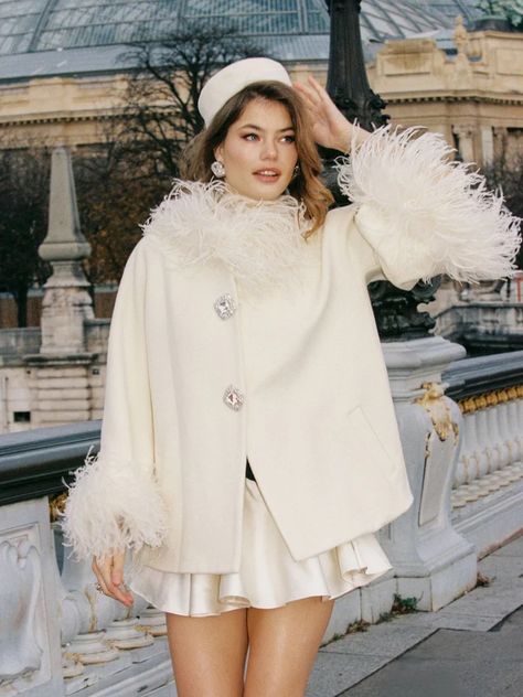 Angelica Feather Coat (White) – Nana Jacqueline Fur Sleeves, Nana Jacqueline, Feather Coat, Street Jacket, Patchwork Coat, Women Crafts, City Of Love, Coat White, Ladies Poncho