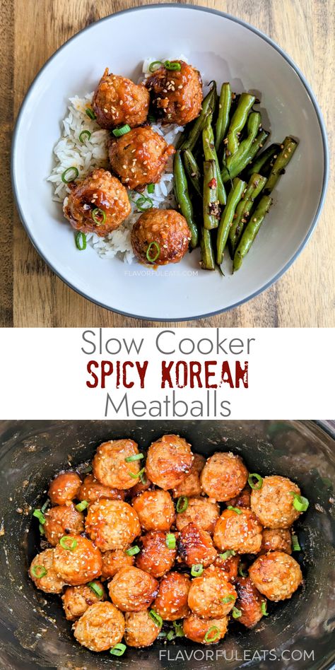 Elevate your meatball game with these Slow Cooker Spicy Korean Meatballs! Made with garlic, ginger, spicy gochujang, and other tantalizing Asian ingredients, these saucy, sweet & spicy meatballs are exploding with flavor. They’re the perfect bite-size appetizer for parties and make an easy main course with rice and veggies! Slow Cooker Korean Meatballs, Korean Meatballs With Spicy Mayo, Spicy Meatball Recipes, Korean Crockpot, Crockpot Asian Meatballs, Korean Meatballs, Korean Meals, Asian Ingredients, Rice And Veggies