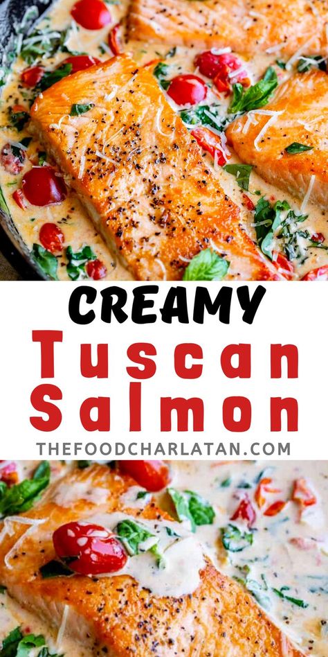 Salmon with Tuscan Cream Sauce Creamy Tuscan Salmon, Salmon With Cream Sauce, Spinach Cream Sauce, Tuscan Salmon Recipe, Tuscan Salmon, Cream Sauce Pasta, Cherry Tomato Recipes, Sauce For Salmon, Salmon Spinach