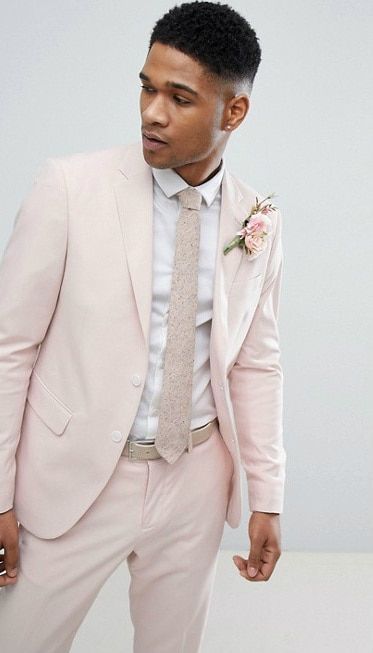 Blush pink suit for a wedding Suit For Wedding Guest, Cherry Blossom Wedding Ideas, Light Pink Suit, Pink Tux, Pink Suit Men, Pink Groomsmen, Pink Bridal Party, Pink Tuxedo, Suit For Wedding